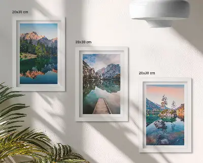 Juego de 3 cuadros decorativos con paisajes de lagos de montaña, reflejos en el agua y bosques