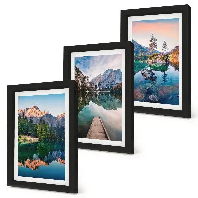Juego de 3 cuadros decorativos con paisajes de lagos de montaña, reflejos en el agua y bosques