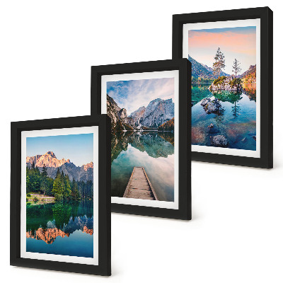 Juego de 3 cuadros decorativos Lagos de montaña con reflejos en el agua y el bosque.