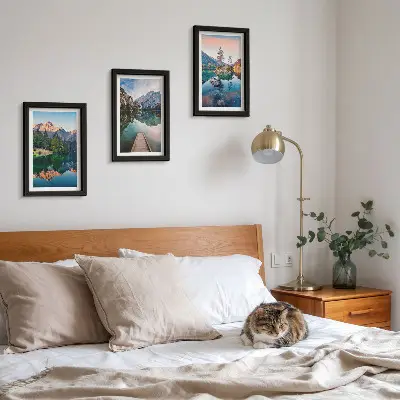 Juego de 3 cuadros decorativos con paisajes de lagos de montaña, reflejos en el agua y bosques