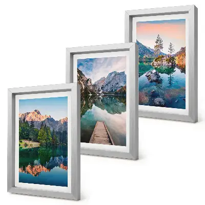 Juego de 3 cuadros decorativos con paisajes de lagos de montaña, reflejos en el agua y bosques