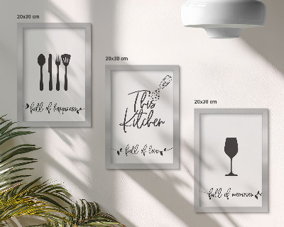 Tríptico enmarcado Diseños de utensilios de cocina con inscripciones para la cocina