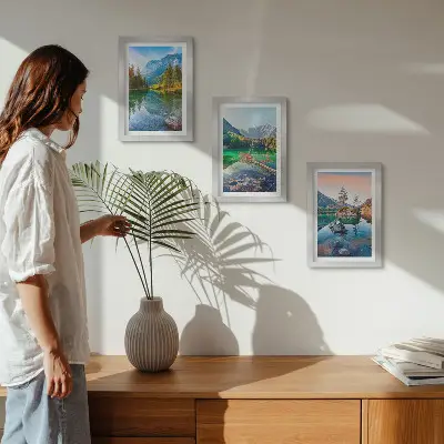 Juego de 3 cuadros decorativos con paisajes de lagos de montaña y naturaleza