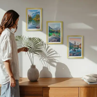 Juego de 3 cuadros decorativos con paisajes de lagos de montaña y naturaleza