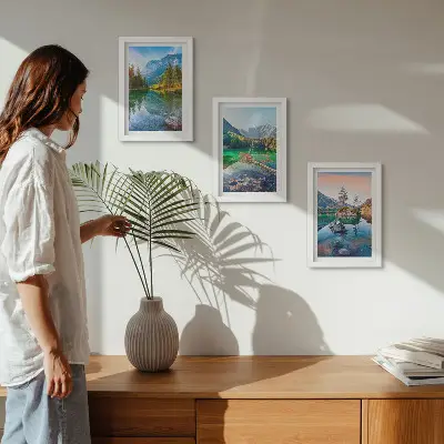 Juego de 3 cuadros decorativos con paisajes de lagos de montaña y naturaleza