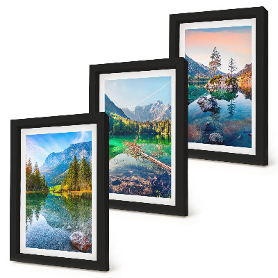 Juego de 3 cuadros decorativos Lagos de montaña con agua y paisajes naturales circundantes.