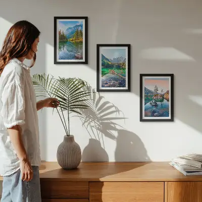 Juego de 3 cuadros decorativos con paisajes de lagos de montaña y naturaleza