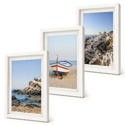 Juego de 3 cuadros decorativos con vistas costeras de barcos y casas blancas en Grecia