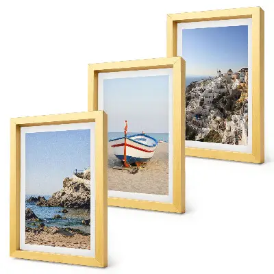 Juego de 3 cuadros decorativos con vistas costeras de barcos y casas blancas en Grecia