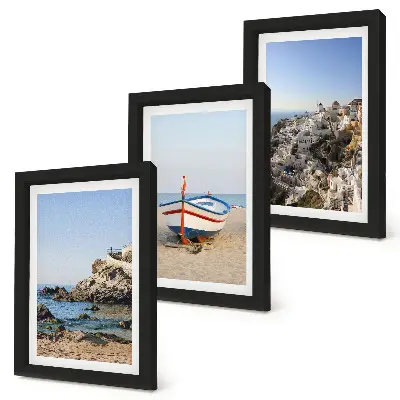 Juego de 3 cuadros decorativos con vistas costeras de barcos y casas blancas en Grecia