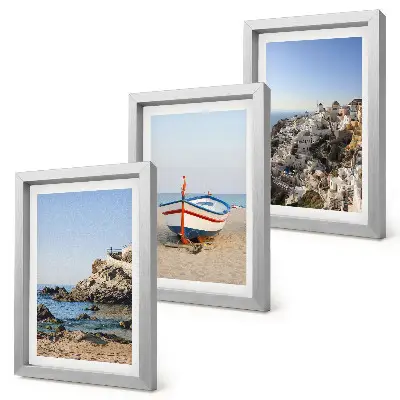 Juego de 3 cuadros decorativos con vistas costeras de barcos y casas blancas en Grecia