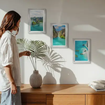 Paisajes tropicales con islas y aguas turquesas tríptico enmarcado