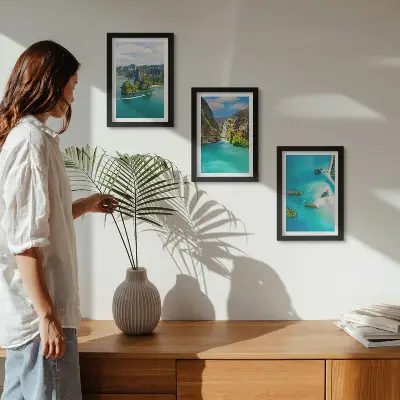 Paisajes tropicales con islas y aguas turquesas tríptico enmarcado