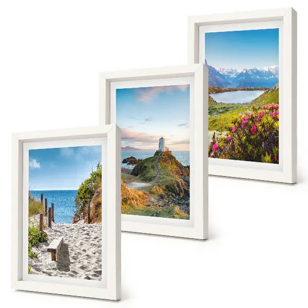 Juego de 3 cuadros decorativos con vista a la playa del faro, las montañas y las flores