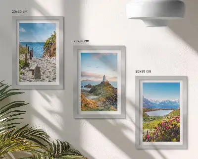 Juego de 3 cuadros decorativos con vista a la playa del faro, las montañas y las flores