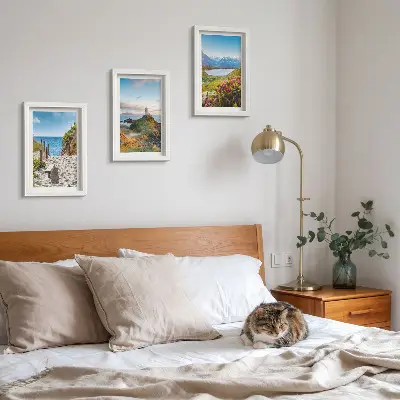 Juego de 3 cuadros decorativos con vista a la playa del faro, las montañas y las flores