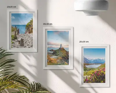 Juego de 3 cuadros decorativos con vista a la playa del faro, las montañas y las flores