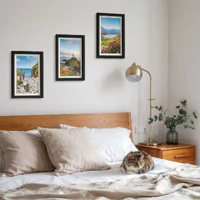 Juego de 3 cuadros decorativos con vista a la playa del faro, las montañas y las flores