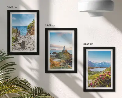 Juego de 3 cuadros decorativos con vista a la playa del faro, las montañas y las flores