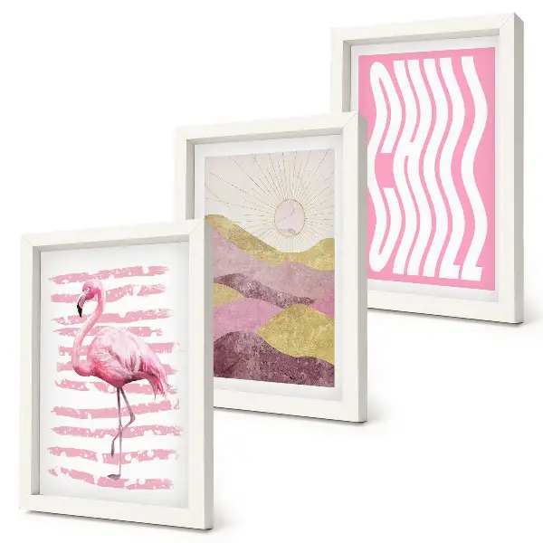 Juego de 3 cuadros decorativos con diseño de flamencos rosas y paisaje montañoso en tonos pastel con letras relajantes