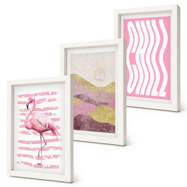 Juego de 3 cuadros decorativos Flamencos rosas, paisaje montañoso en tonos pastel, letras relajantes
