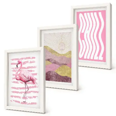 Juego de 3 cuadros decorativos con diseño de flamencos rosas y paisaje montañoso en tonos pastel con letras relajantes