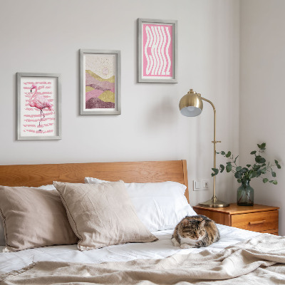 Juego de 3 cuadros decorativos Flamencos rosas, paisaje montañoso en tonos pastel, letras relajantes