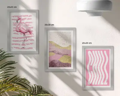 Juego de 3 cuadros decorativos con diseño de flamencos rosas y paisaje montañoso en tonos pastel con letras relajantes