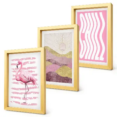 Juego de 3 cuadros decorativos con diseño de flamencos rosas y paisaje montañoso en tonos pastel con letras relajantes