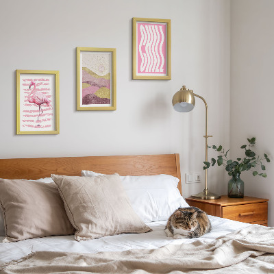 Juego de 3 cuadros decorativos Flamencos rosas, paisaje montañoso en tonos pastel, letras relajantes