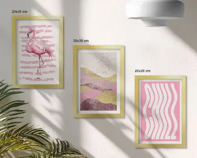 Juego de 3 cuadros decorativos con diseño de flamencos rosas y paisaje montañoso en tonos pastel con letras relajantes