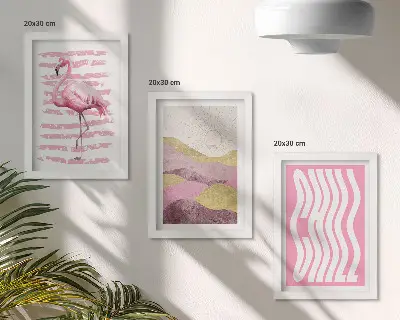 Juego de 3 cuadros decorativos con diseño de flamencos rosas y paisaje montañoso en tonos pastel con letras relajantes