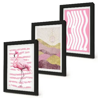 Juego de 3 cuadros decorativos con diseño de flamencos rosas y paisaje montañoso en tonos pastel con letras relajantes