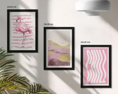 Juego de 3 cuadros decorativos con diseño de flamencos rosas y paisaje montañoso en tonos pastel con letras relajantes