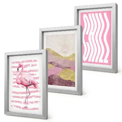 Juego de 3 cuadros decorativos con diseño de flamencos rosas y paisaje montañoso en tonos pastel con letras relajantes