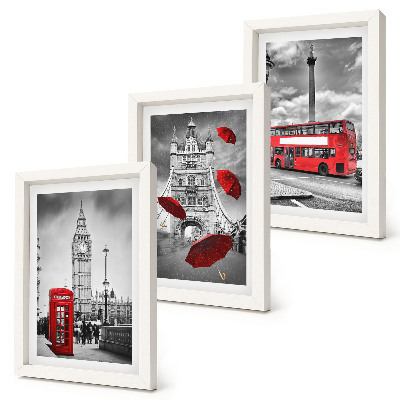 Tríptico enmarcado Vistas de Londres con un paraguas rojo y un autobús.