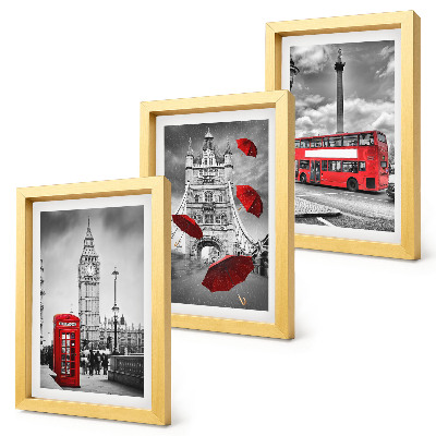 Tríptico enmarcado Vistas de Londres con un paraguas rojo y un autobús.