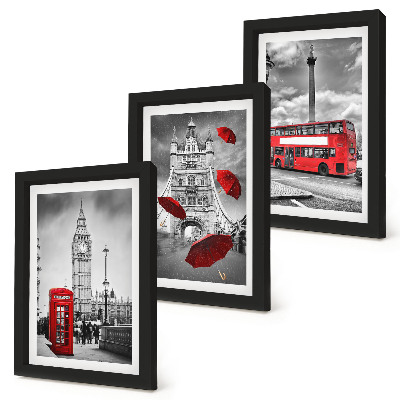 Tríptico enmarcado Vistas de Londres con un paraguas rojo y un autobús.