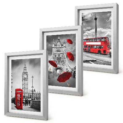Tríptico enmarcado Vistas de Londres con un paraguas rojo y un autobús.