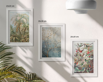 Juego de 3 cuadros decorativos Plantas tropicales y aves coloridas en la naturaleza.