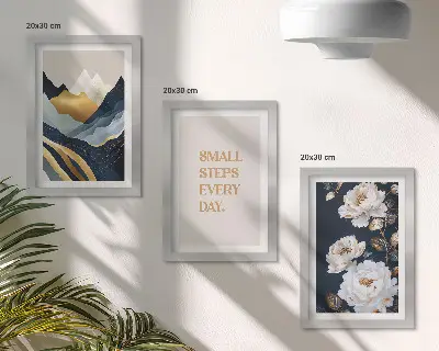 Tríptico de montañas abstractas, flores y letras inspiradoras enmarcado