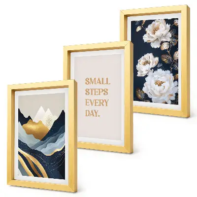 Tríptico de montañas abstractas, flores y letras inspiradoras enmarcado