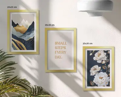 Tríptico de montañas abstractas, flores y letras inspiradoras enmarcado