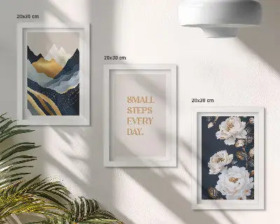 Tríptico de montañas abstractas, flores y letras inspiradoras enmarcado
