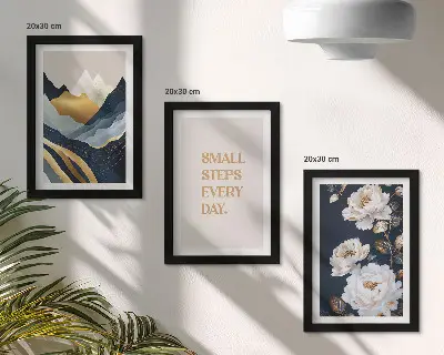 Tríptico de montañas abstractas, flores y letras inspiradoras enmarcado