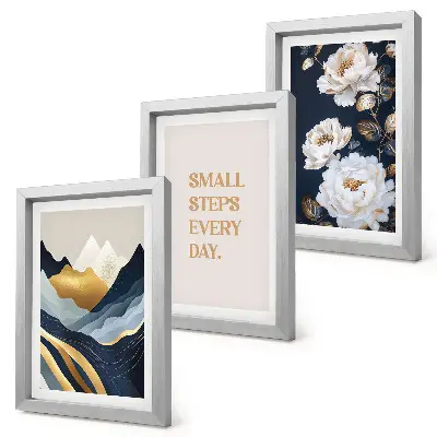 Tríptico de montañas abstractas, flores y letras inspiradoras enmarcado