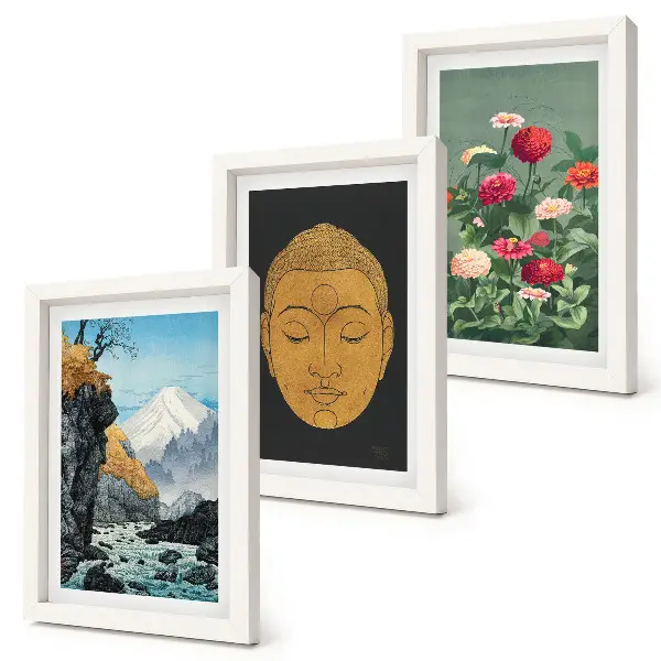 Tríptico enmarcado diseño de naturaleza y cultura japonesa al estilo Japandi