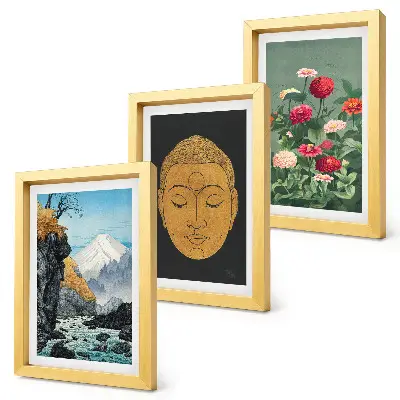 Tríptico enmarcado diseño de naturaleza y cultura japonesa al estilo Japandi