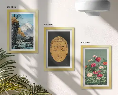 Tríptico enmarcado diseño de naturaleza y cultura japonesa al estilo Japandi