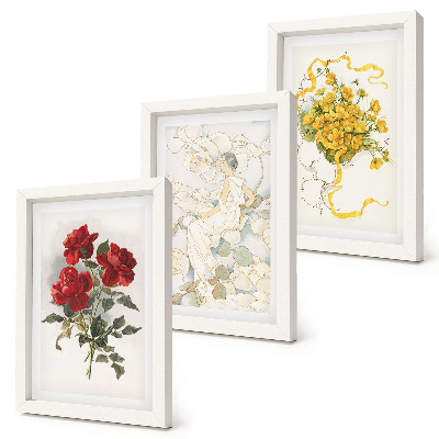 Juego de 3 cuadros decorativos Rosas rojas, flores blancas y amarillas en un jarrón.